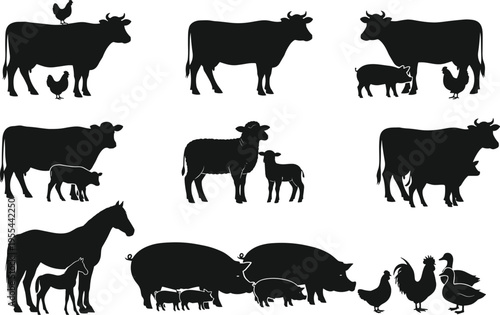 Black silhouettes of farm animals with offspring including cows, pigs, chickens, ducks, sheep, horses in rural agricultural scene