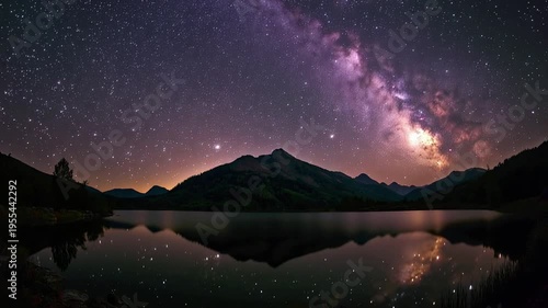 Serene celestial palace mirrored on a tranquil lake under a starry night sky filled with constellations creating a peaceful and enchanting nighttime landscape.