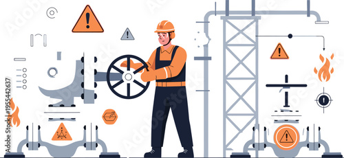 Industrial worker controlling pipeline system with safety signs and engineering equipment vector illustration