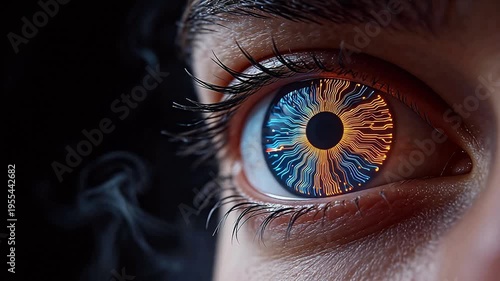 Cybernetic human eye with glowing blue and orange circuit board pattern, symbolizing AI vision, digital consciousness, and futuristic technology integration