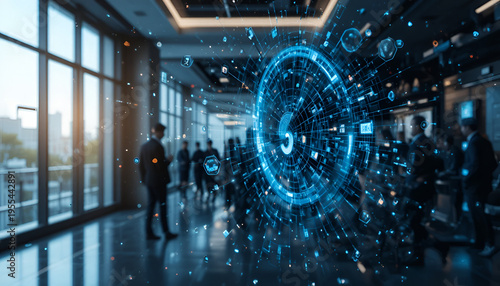 Futuristic office interior with digital network interface and people interacting in modern corporate environment with blue glow