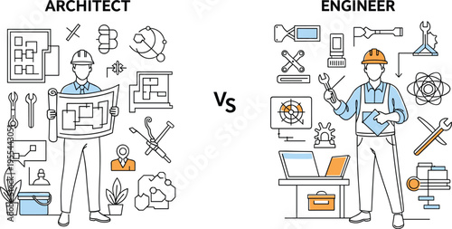 Architect vs engineer comparison with profession roles tools and workflow vector illustration