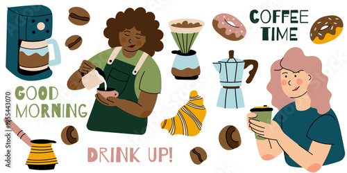 Coffee Morning Set. Flat vector coffee set with characters, coffee maker, beans and desserts. Cozy morning cafe lifestyle collection perfect for branding and social media.