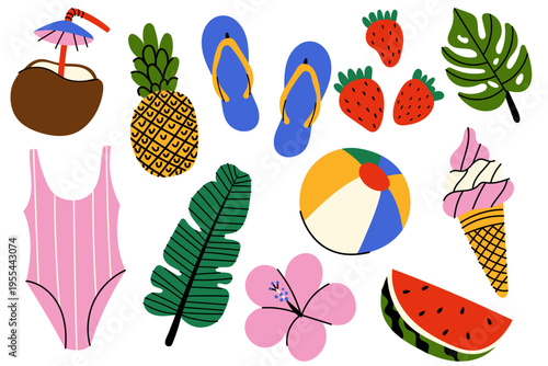 Summer Vacation Icons Set. Flat vector summer set with tropical elements, fruits and beach accessories. Bright vacation icons perfect for travel design, social media and seasonal projects.