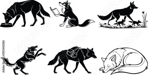 Collection of various wolf and animal illustrations in different poses