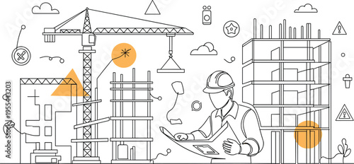 Construction site scene with engineer reviewing blueprint crane and building process line art vector illustration