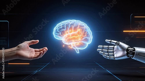 Human hand and robotic arm reaching toward a glowing, neural-activated human brain—symbolizing AI-human collaboration, cognitive enhancement, and future of intelligent technology.