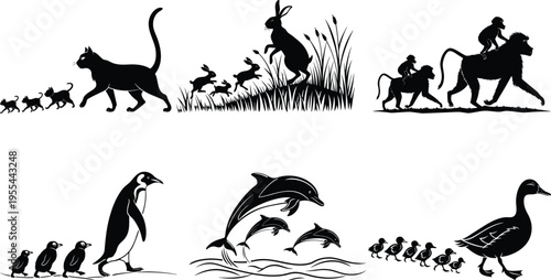 Black and white animal silhouettes in various natural environments and activities