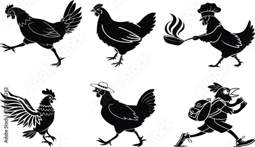 Black and white illustrations of chickens and people in various poses and actions