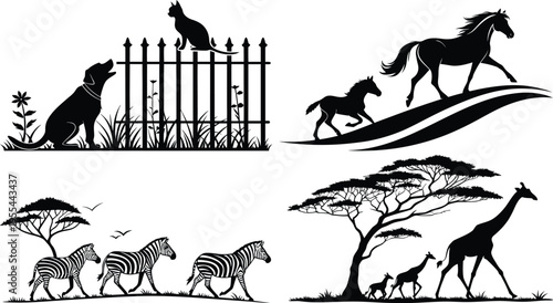 Black and white animal silhouettes with various species and fence