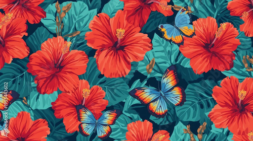 Vibrant tropical floral pattern with bold red hibiscus flowers and teal leaves