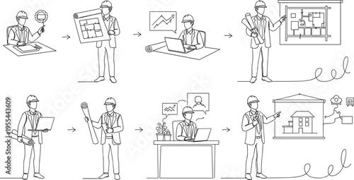 Architect and construction workflow set with blueprint planning and building process line art vector illustration