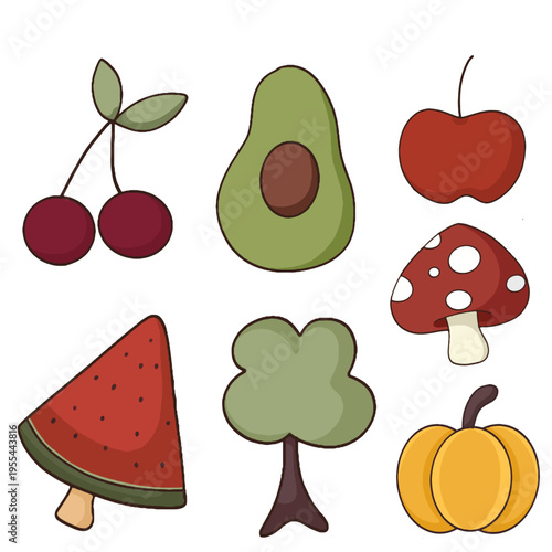 Cute Summer and Autumn Fruits Vegetables Sticker Pack Vector