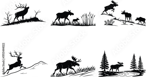 Collection of moose and deer silhouettes in various natural settings and poses
