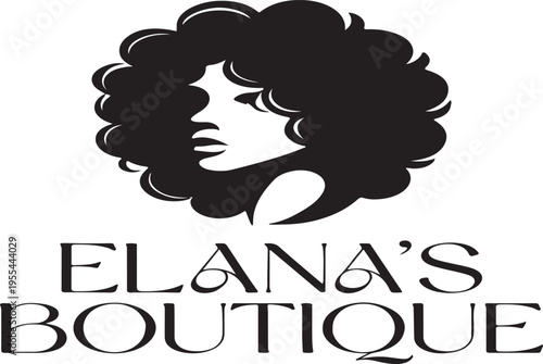 Elegant black silhouette logo of a woman with voluminous curly afro hair, side profile, minimal vector style. Beauty, hair salon, fashion boutique branding design isolated on light background.