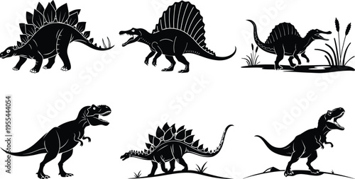 Collection of various dinosaur silhouettes in different poses and environments