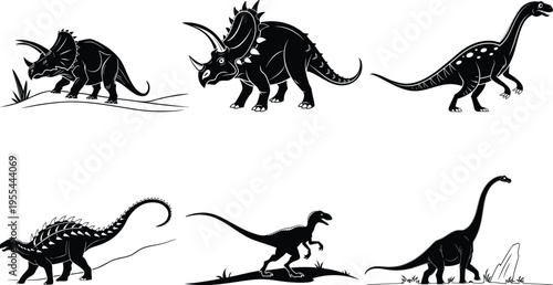 A black and white illustration of six different dinosaurs in various poses and perspectives