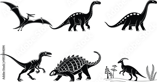 A group of different dinosaurs standing in various poses on a plain white background with black silhouettes