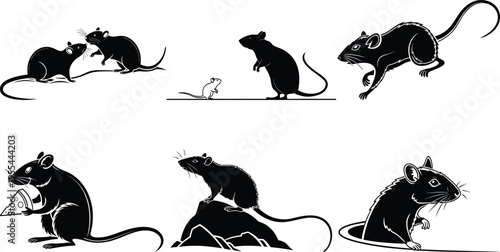 Seven black silhouettes of mice in various poses and movements on a white background