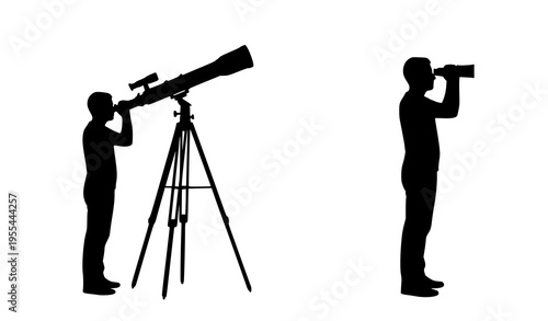 Telescope Observer Silhouettes Tripod Telescope and Monocular Viewing People Vector