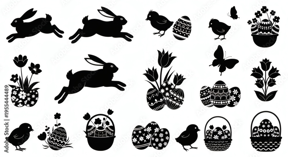 Obraz premium Black silhouette collection of Easter themed elements including bunnies, chicks, decorated eggs, flowers, and butterflies on a white background.
