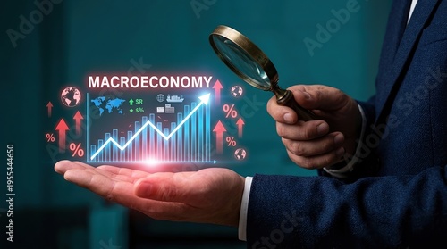 Wallpaper Mural macroeconomy, global economy, business, finance, inflation, growth, market research showing businessman examining financial data and stock market trends with magnifying glass. Torontodigital.ca