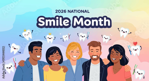 Diverse group of smiling people with cartoon teeth on colorful background for 2026 national smile month