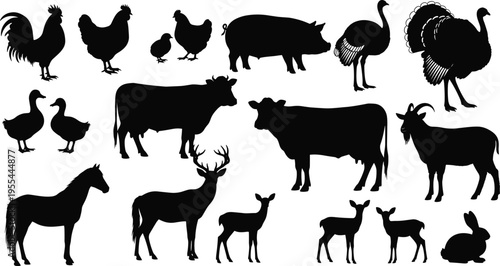 Silhouettes of farm and domesticated animals including rooster, hen, pig, cow, horse, deer, rabbit, goat, duck