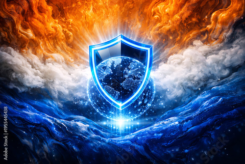 Internet security concept. Shield and globe on fire background. 3D rendering