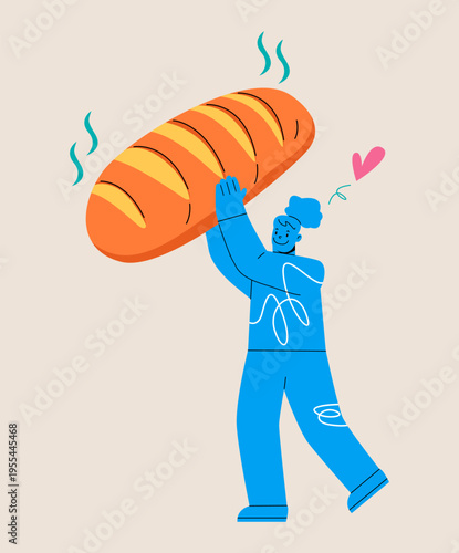 Woman holding a big loaf. Colorful vector illustration