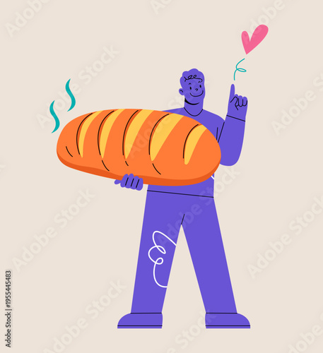 Man holding a big loaf. Colorful vector illustration