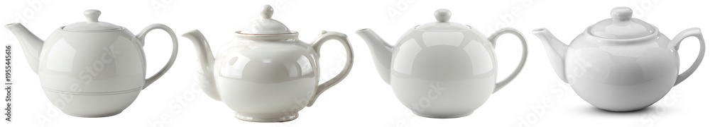Obraz premium Collection of elegant white ceramic teapots with varying designs, for tea, kitchen, and hospitality use.
