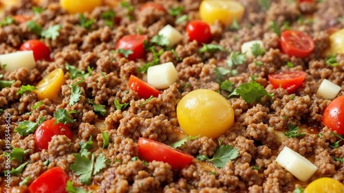 A close-up of savory ground beef mixed with fresh vegetables.