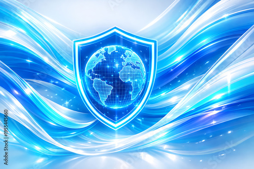 Internet security concept. Shield and globe on fire background. 3D rendering