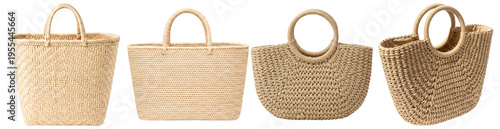 Photos Collection of diverse natural woven tote bags, showcasing various straw and rattan textures