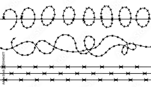 Barbed wire vector set, black metal fence wire borders, sharp steel razor wire coils for security and defense