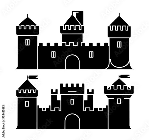 Medieval castle silhouette icons, black fortress vector set, ancient stone kingdom towers for gaming design