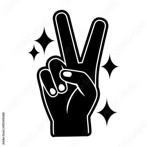 Minimalist peace sign hand vector, black and white victory gesture icon, sparkling hand silhouette sticker
