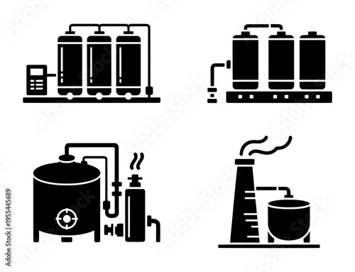 Industrial factory icons set, black oil refinery tank vector, chemical plant equipment and storage silos