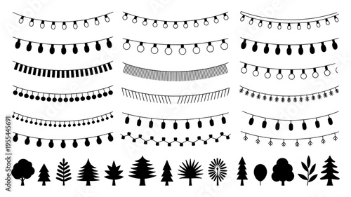 Minimalist black garland vector set, festive light bulb string icons, decorative tree silhouettes collection
