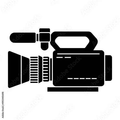 Professional video camera icon, black silhouette camcorder vector, digital movie recording equipment symbol