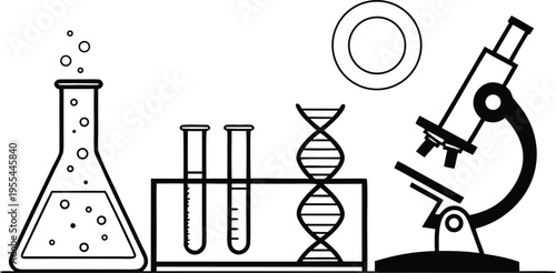 Laboratory equipment for scientific research and dna analysis with microscope and glassware