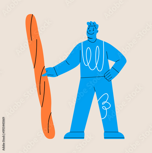 Man holding bread Sticks in hand. Colorful vector illustration