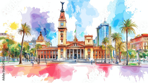 Plaza de Mayo and Casa Rosada. Plaza de Mayo and Casa Rosada hand drawn watercolor illustration