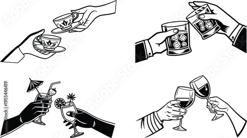 Illustrations of four different handshakes and greetings with various gestures