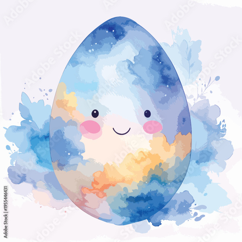 A smiling blue egg with rosy cheeks and a watercolor design appears happy and cute on a colorful background