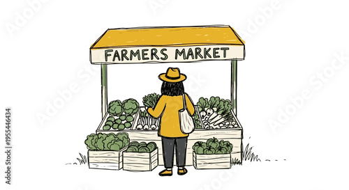 Stylized illustration of a woman in a yellow hat shopping at a local farmers market stall filled with fresh organic vegetables. Sustainability and local food concept.