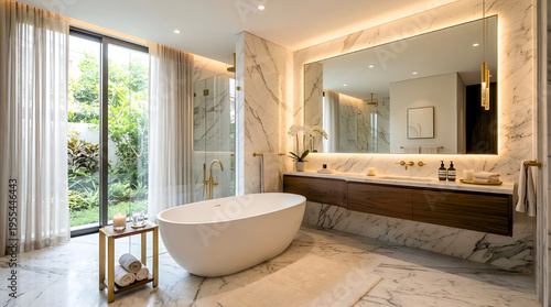 Luxurious modern bathroom with freestanding tub and large mirror, bathed in warm light.