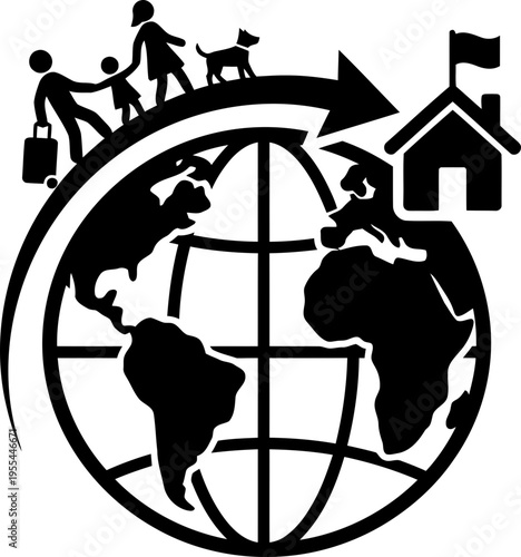 Family with luggage, child, and dog travelling overseas with arrow pointing to a house, global immigration concept vector illustration