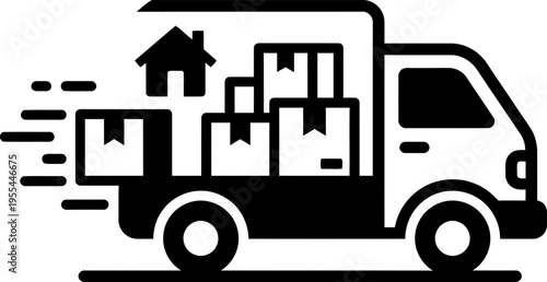 Delivery truck icon transporting cardboard boxes and a house symbol, concept for moving service and transportation. Vector illustration